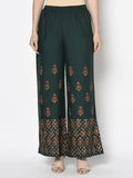 Aniyah Rayon Bottle Green Color Block Print Flared Slip-On Palazzo (AN-219K) | Grocsy