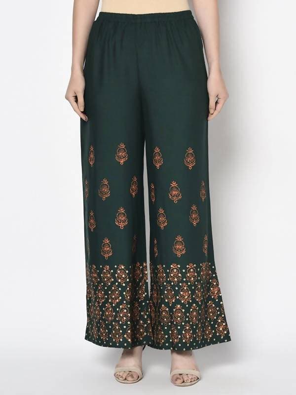 Aniyah Rayon Bottle Green Color Block Print Flared Slip-On Palazzo (AN-219K) | Grocsy