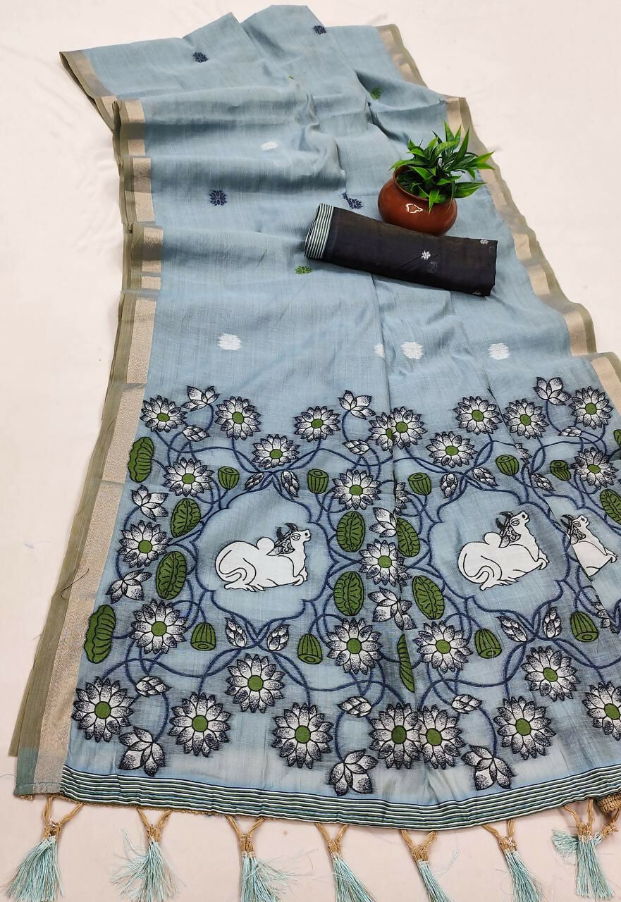 Vastranavya Sky Blue Muga Cotton Meenakari & Azarakh Pallu Saree with Contrast Blouse | Grocsy
