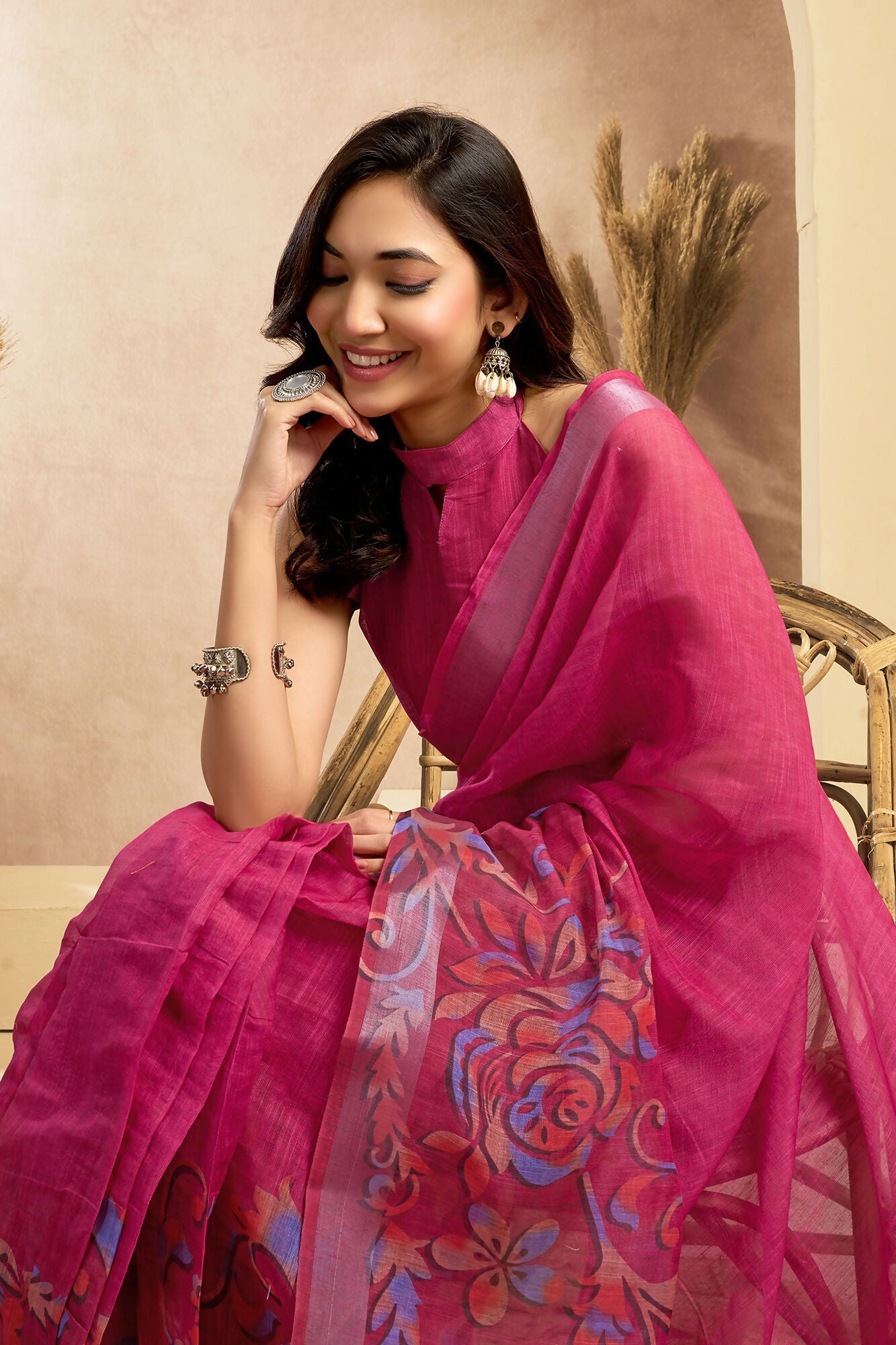 Vastranavya Pink Digital Printed Linen Ready To Wear Designer Saree with Unstitched Blouse | Grocsy