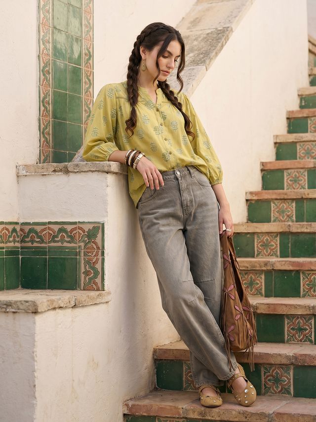 Janasya Lime Green Shirt Cotton Top | Grocsy