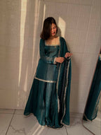 Teeya Creation Womens New Trending Less and Mirror Work Kurta Palazzo Set - Teal | Grocsy