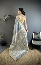Joban Fashion Grey Paisley Soft Silk Banarasi Saree | Grocsy