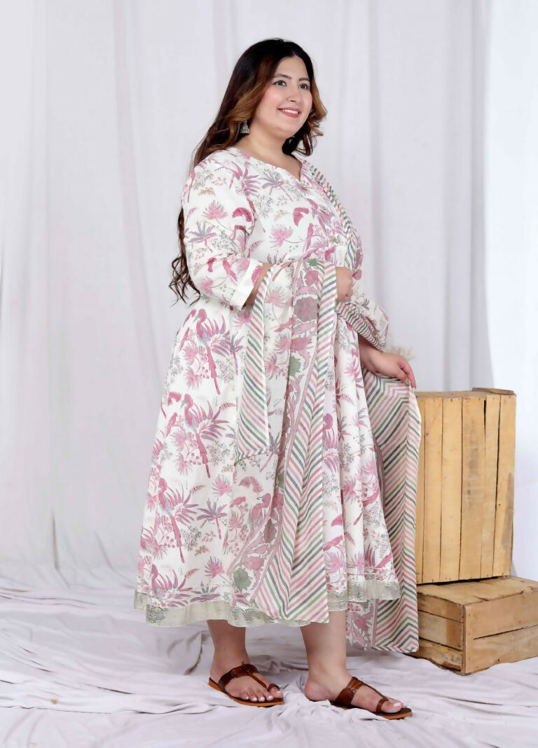 Miravan Women's Plus Size Light Pink Floral Printed and Anarkali Kurta with Dupatta | Grocsy