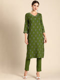 All About You Women Green Floral Printed Regular V-Neck Kurta with Trousers | Grocsy