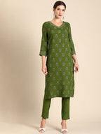 All About You Women Green Floral Printed Regular V-Neck Kurta with Trousers | Grocsy