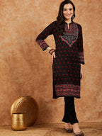 Sangria Floral Printed Mandarin Collar Winter Kurta & Trousers | Grocsy
