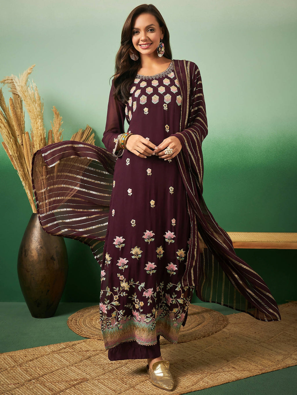 Wine Georgette Handwork Unstitched Dress Material - Hanika | Grocsy