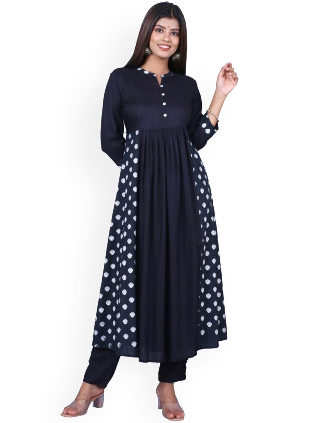 HERE&NOW Women Black Printed Anarkali Empire Kurta with Trousers | Grocsy