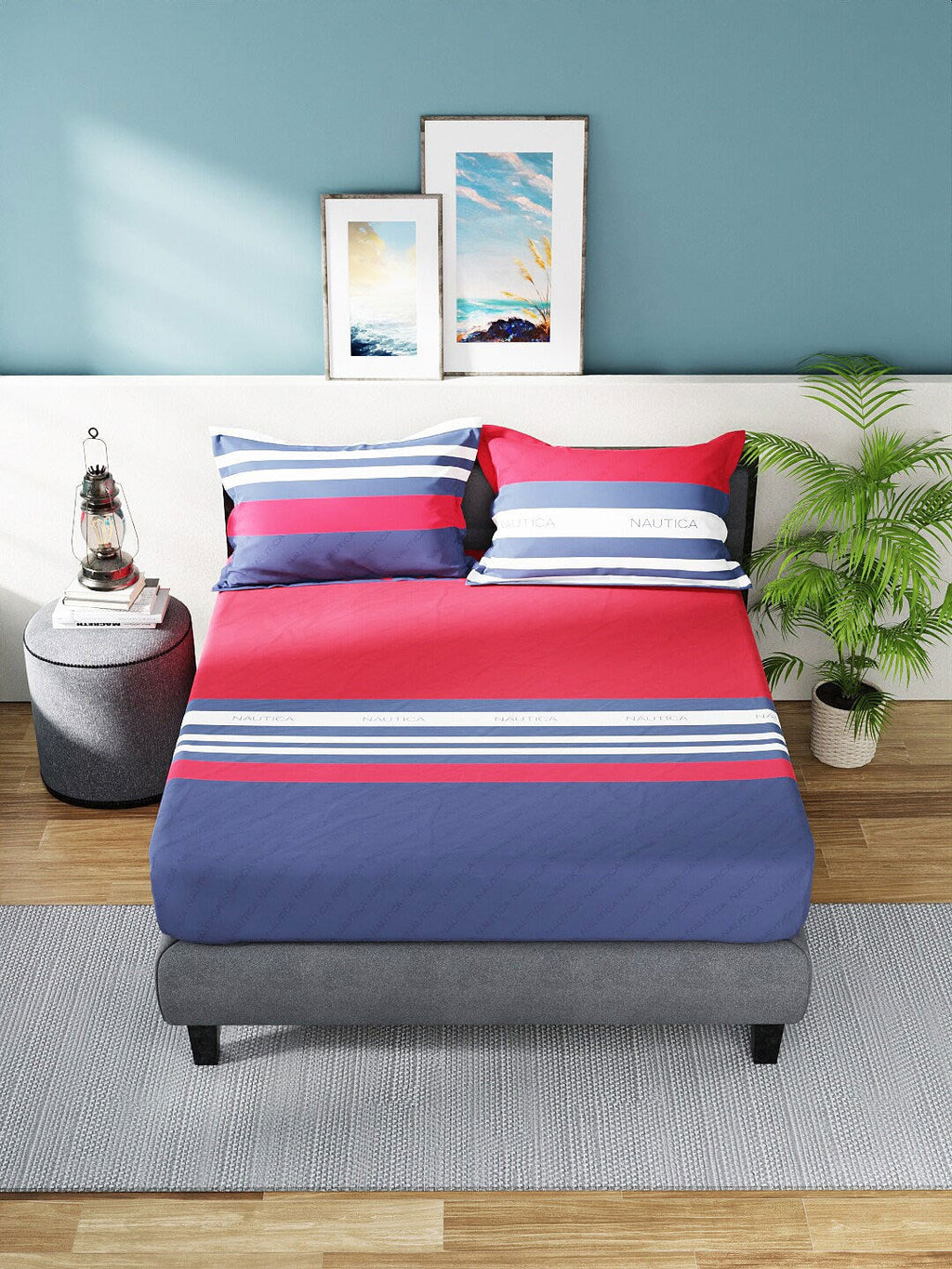 Nautica Bradford Red & Blue Striped 160 TC Pure Cotton King Bedsheet & 2 Pillow Covers | Grocsy