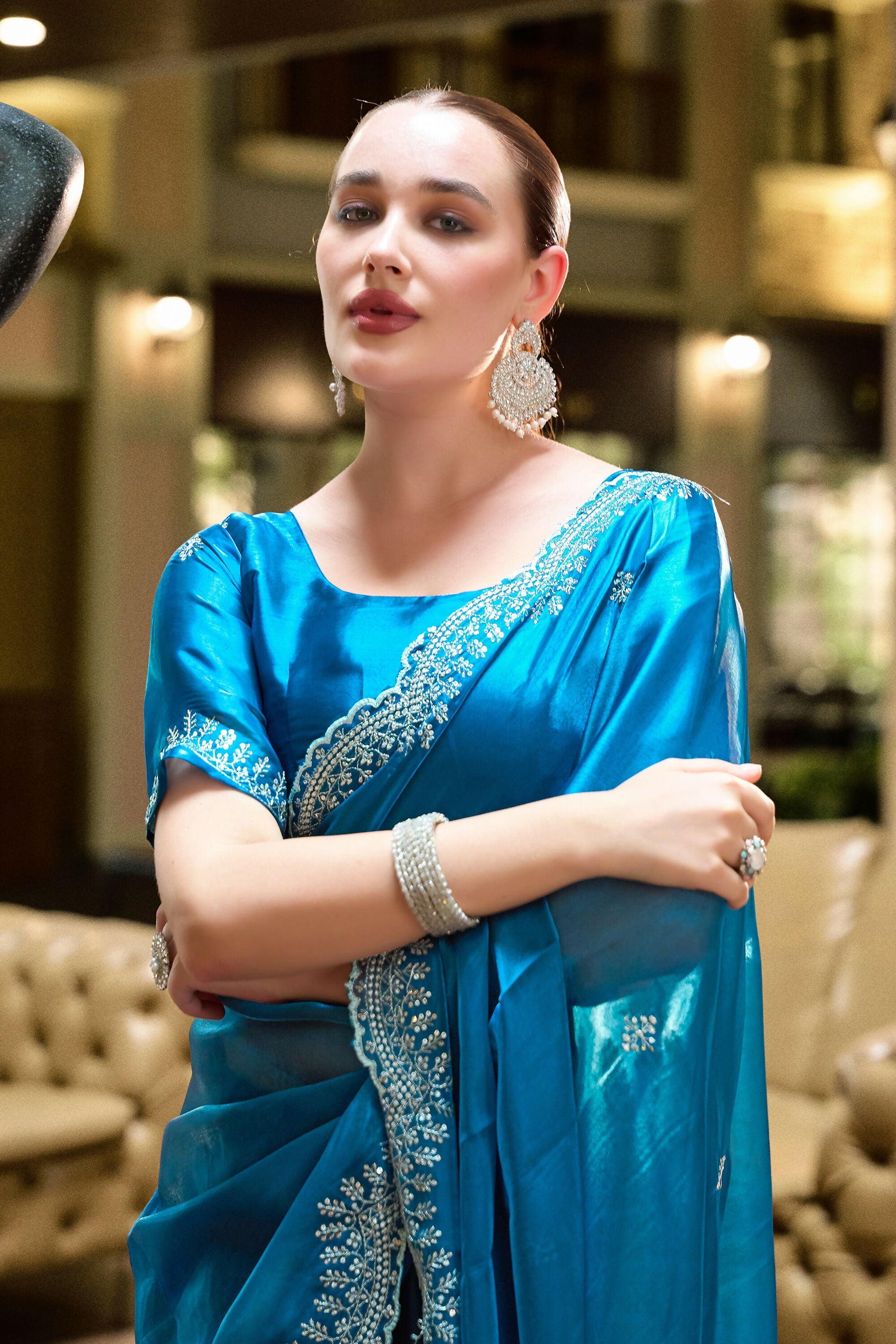 Vastranavya Sea Blue Embroidery Work Shimmer Chiffon Saree with Unstitched Blouse | Grocsy