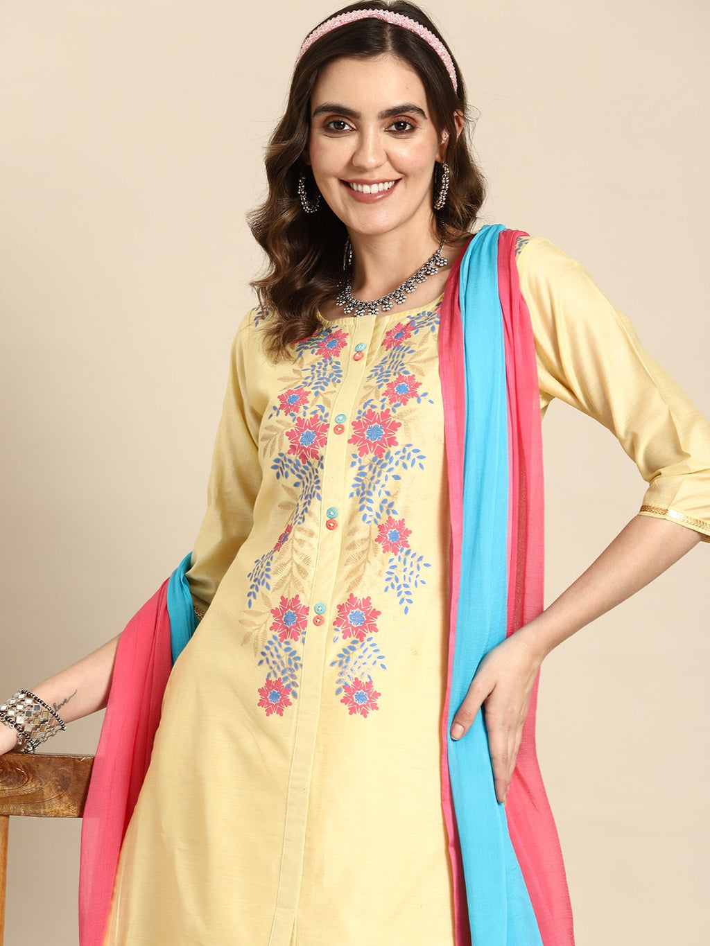 Sangria Women Floral Printed Regular Chanderi Cotton Kurta with Palazzos & With Dupatta | Grocsy