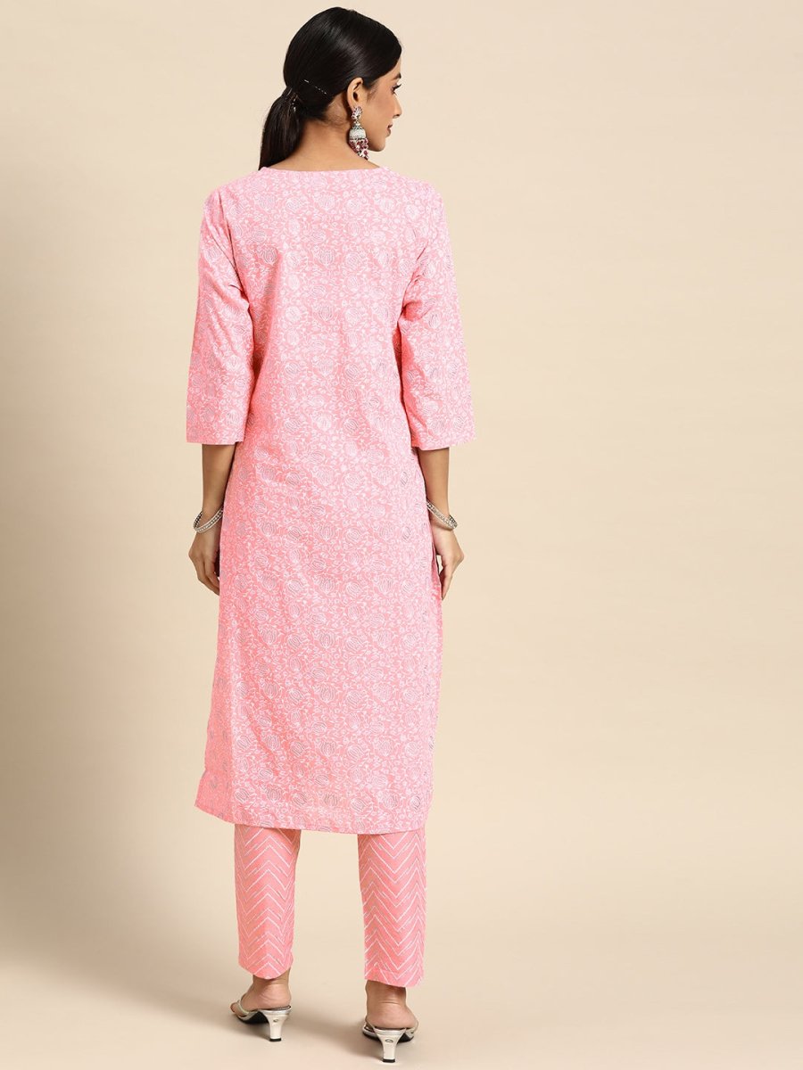 All About You Women Pink Ethnic Motifs Printed Pure Cotton Kurta with Trousers | Grocsy