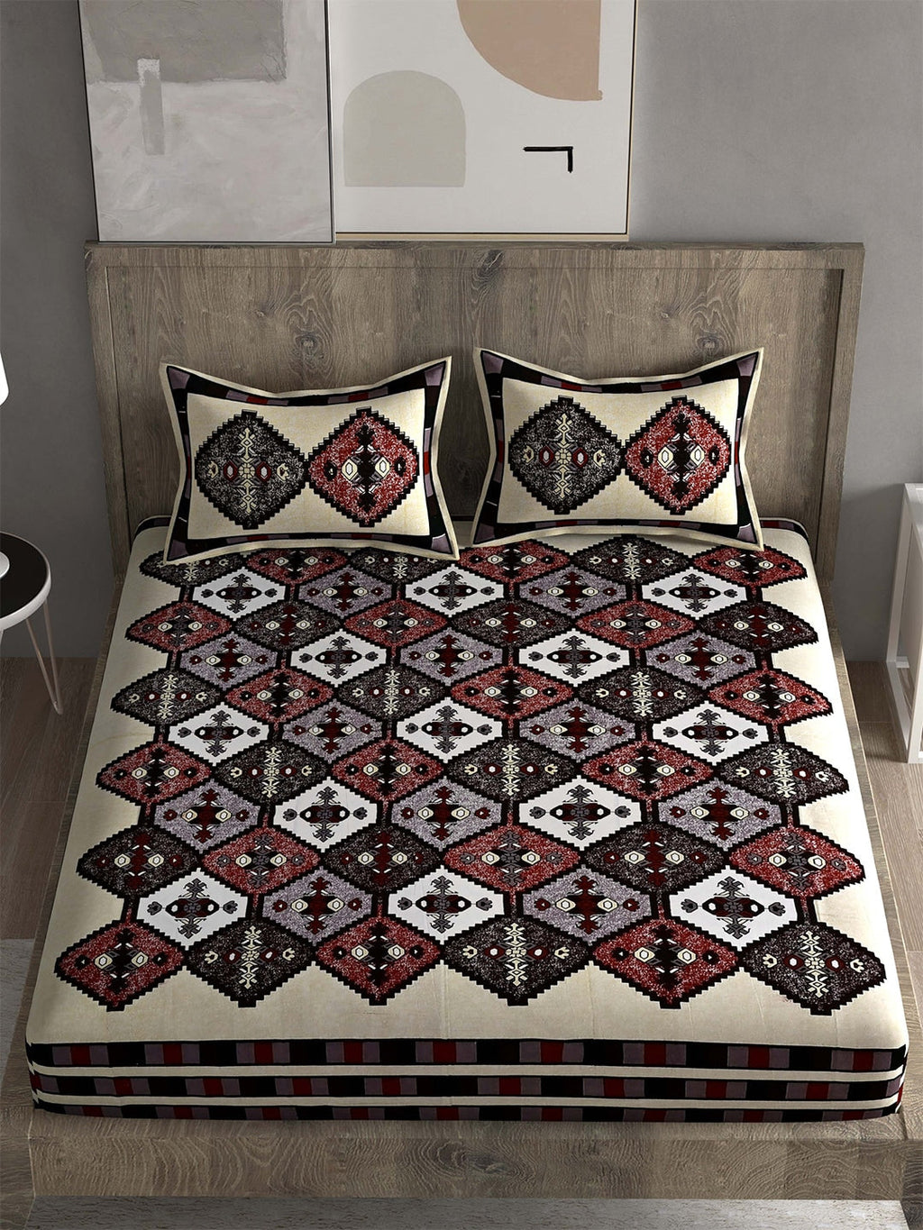 Spangle White & Maroon Ethnic Motifs 260 TC Cotton King Bedsheet with 2 Pillow Covers | Grocsy