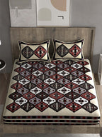 Spangle White & Maroon Ethnic Motifs 260 TC Cotton King Bedsheet with 2 Pillow Covers | Grocsy