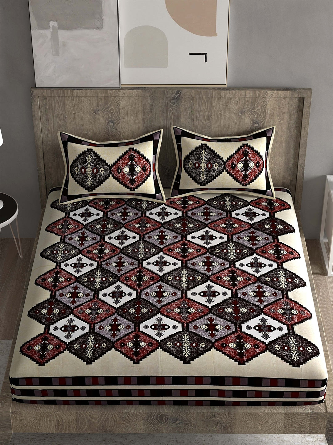 Spangle White & Maroon Ethnic Motifs 260 TC Cotton King Bedsheet with 2 Pillow Covers | Grocsy