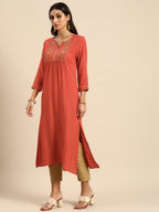 All About You Women Rust Orange Floral Yoke Design Embroidered Thread Work Straight Kurta | Grocsy