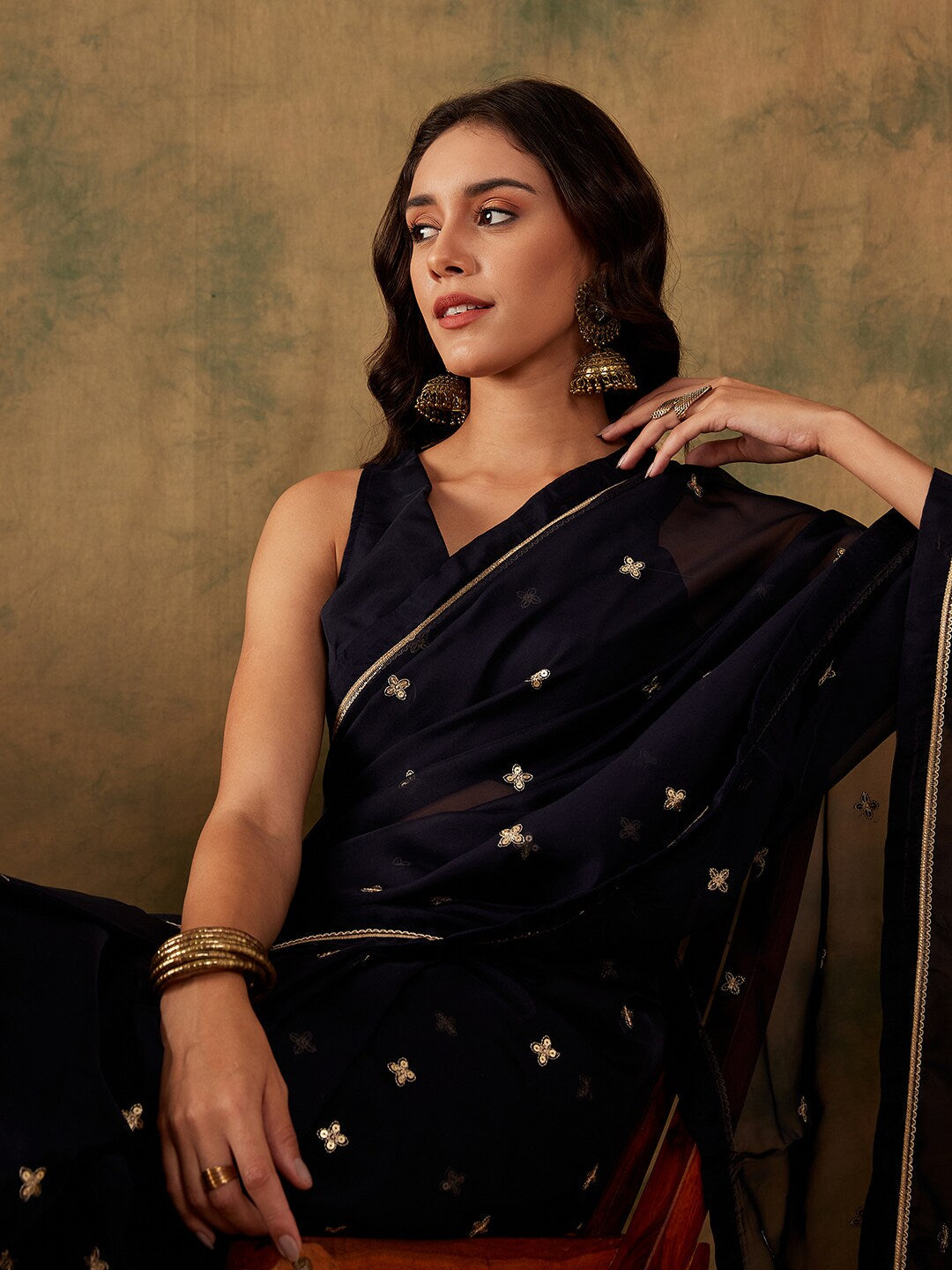 Sangria Floral Sequin Embroidered Organza Sarees | Grocsy