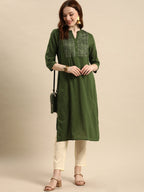 All About You Women Olive Green Geometric Yoke Design Pure Cotton Kurta | Grocsy