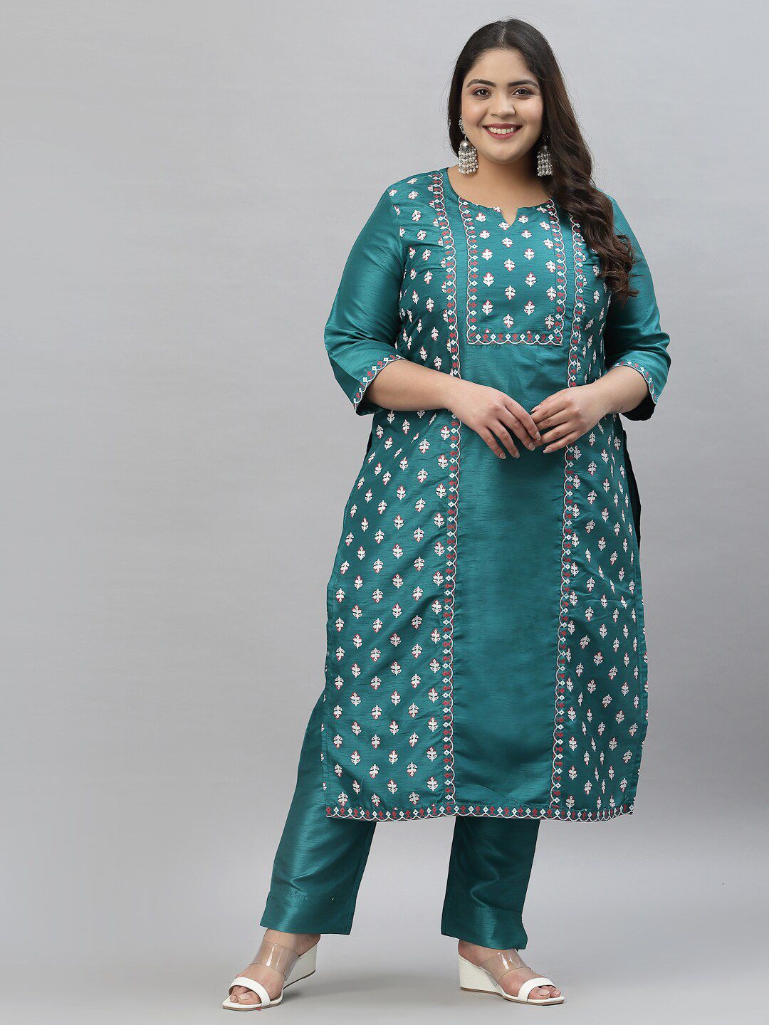 Sztori Plus Size Floral Printed Art Silk Kurta With Trousers | Grocsy