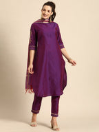 All About You Women Purple Zari Embroidered Regular Kurta with Trousers & Dupatta | Grocsy