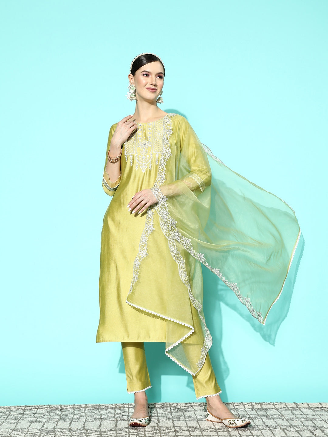 Sangria Women Floral Embroidered Regular Sequinned Kurta with Trousers & With Dupatta | Grocsy