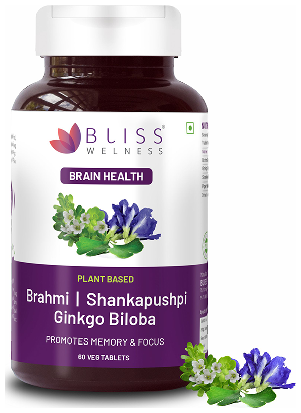 Bliss Welness Brain Health Brahmi + Shankapushpi Ginkgo Biloba Veg Tablet | Grocsy