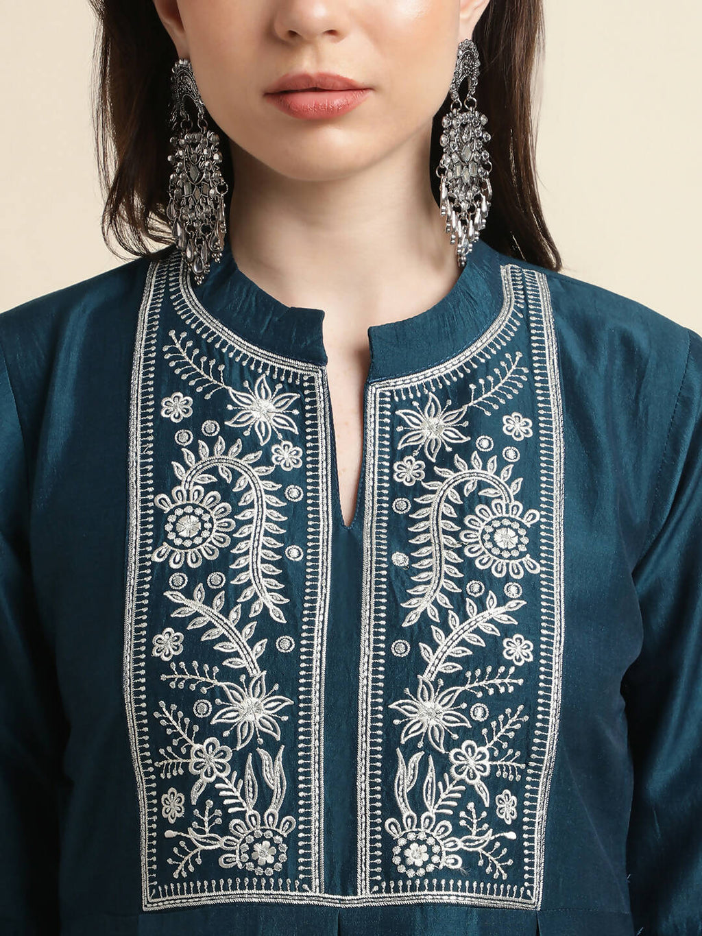 Teal Chinon Floral Embroidered Top with Bottom - Maanushi | Grocsy