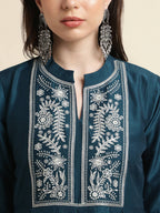 Teal Chinon Floral Embroidered Top with Bottom - Maanushi | Grocsy