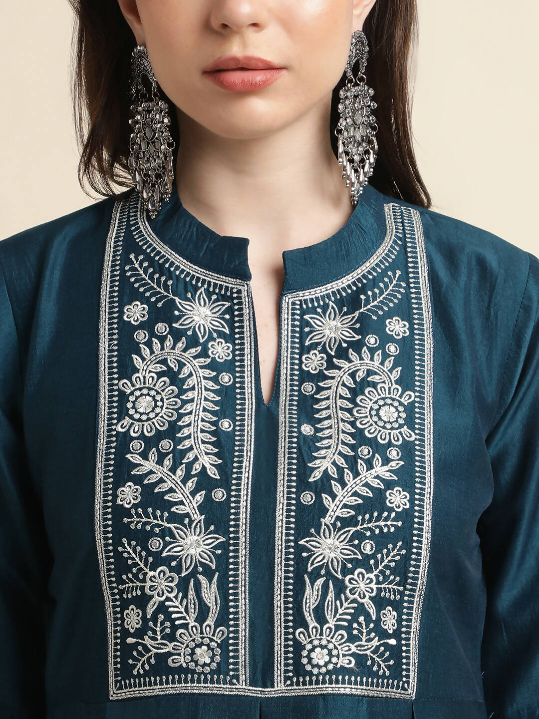 Teal Chinon Floral Embroidered Top with Bottom - Maanushi | Grocsy