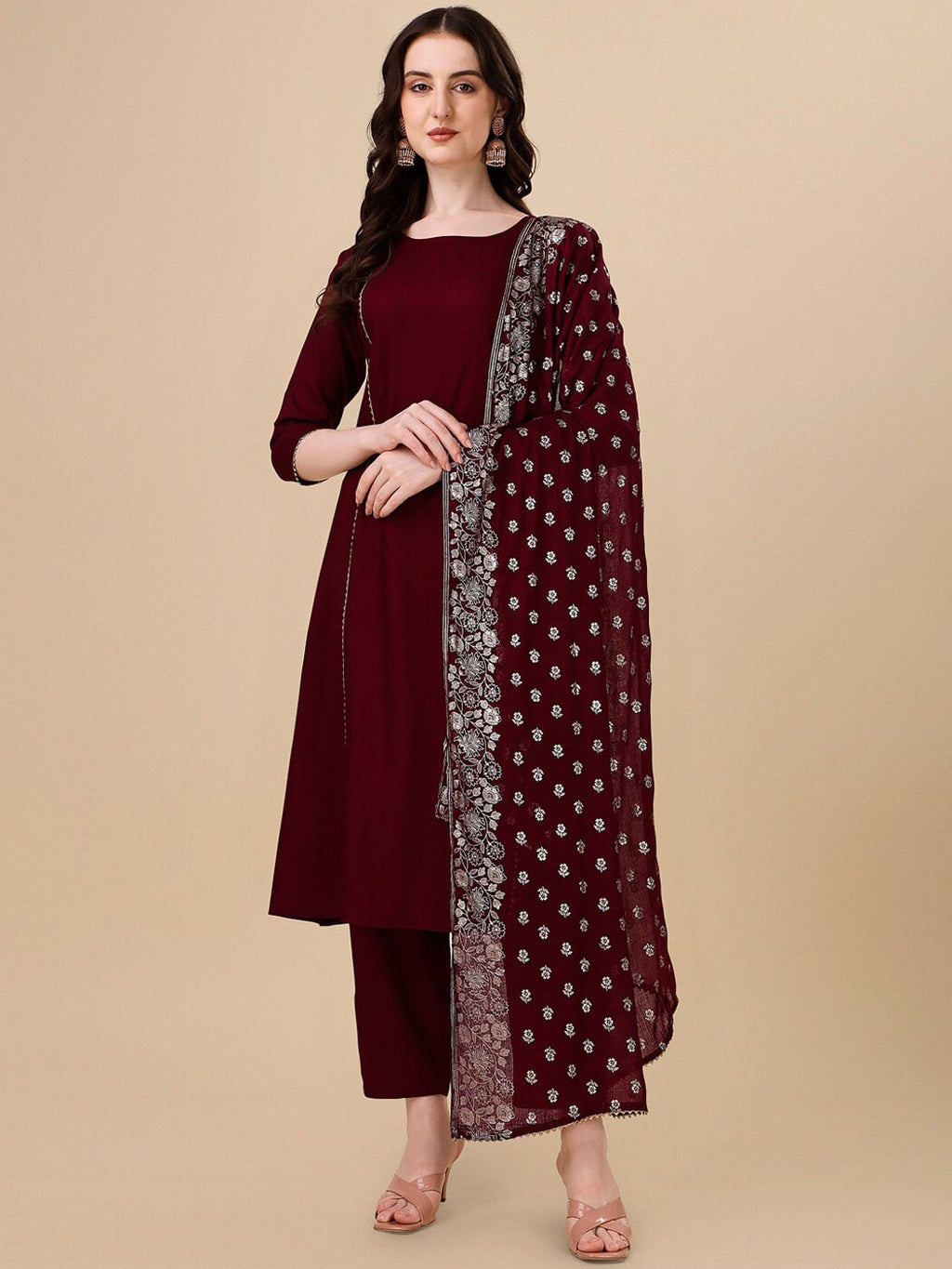 HERE&NOW Maroon & White Gotta Patti Kurta with Trousers & Dupatta | Grocsy