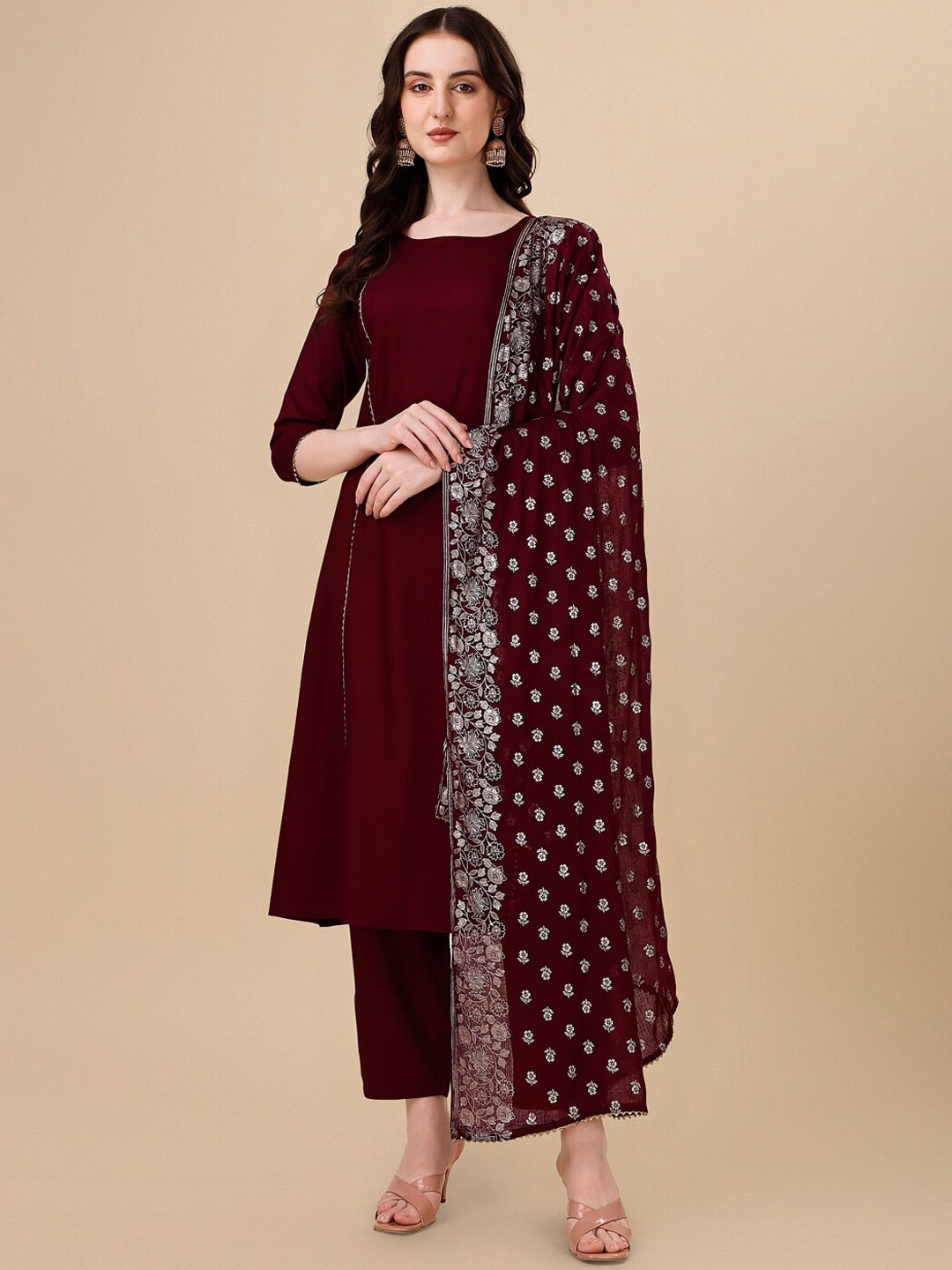 HERE&NOW Maroon & White Gotta Patti Kurta with Trousers & Dupatta | Grocsy
