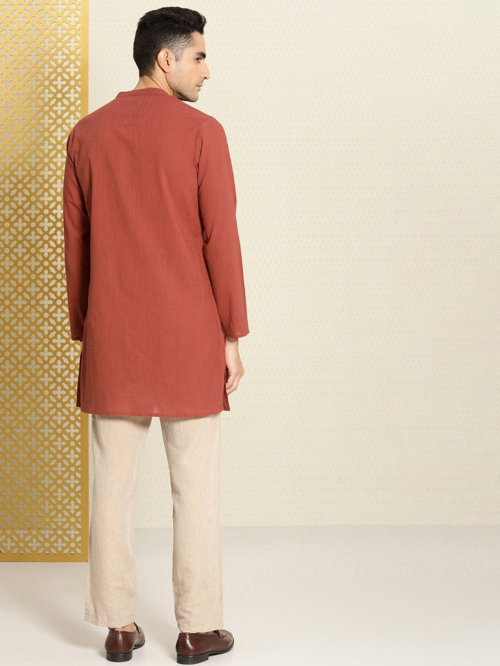 House of Pataudi Men Pure Cotton Solid Straight Mandarin Collar Rozana Kurta | Grocsy
