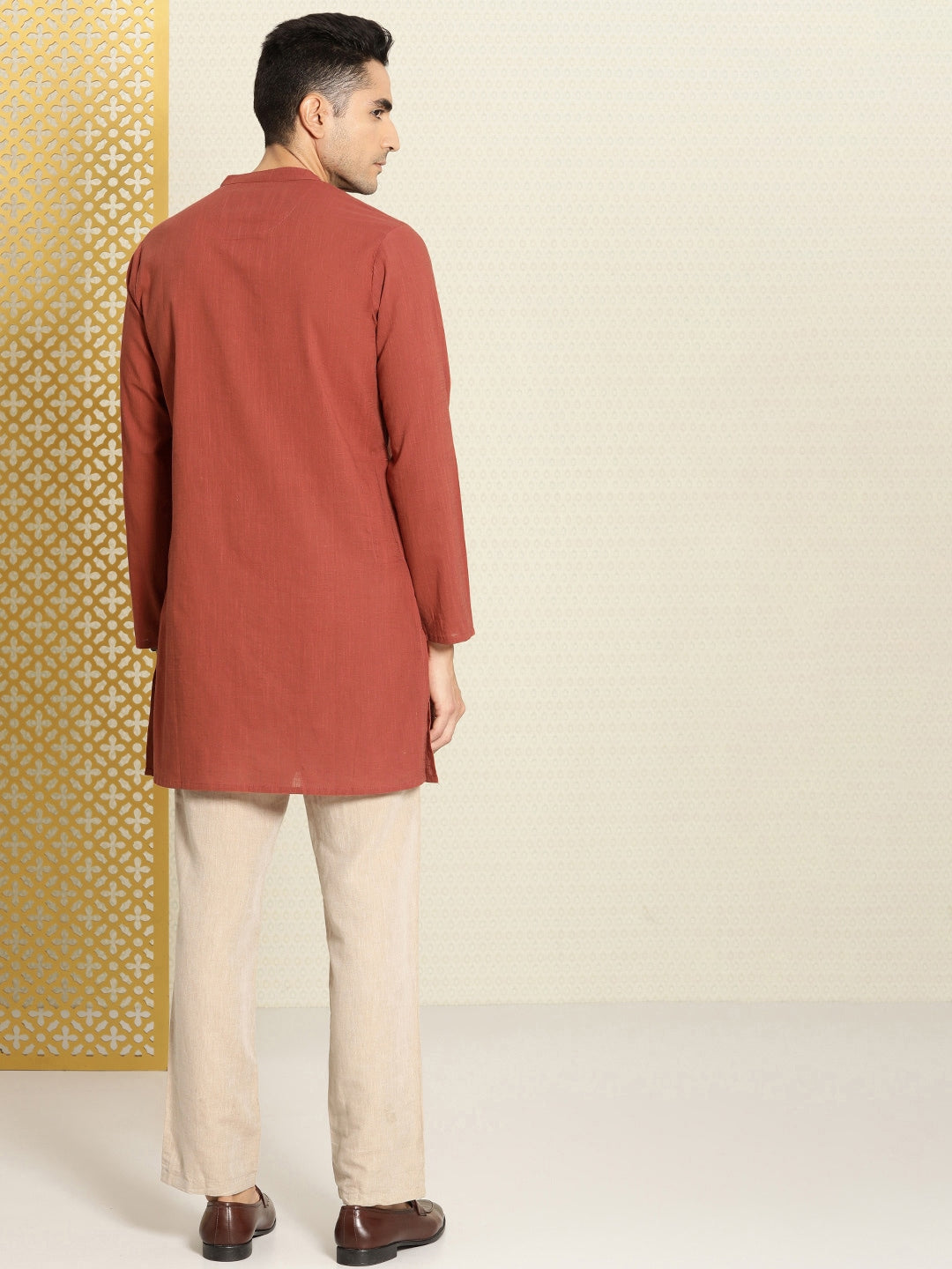 House of Pataudi Men Pure Cotton Solid Straight Mandarin Collar Rozana Kurta | Grocsy