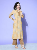 All About You Beige Floral Printed Regular Gotta Patti Liva Kurta With Palazzos | Grocsy