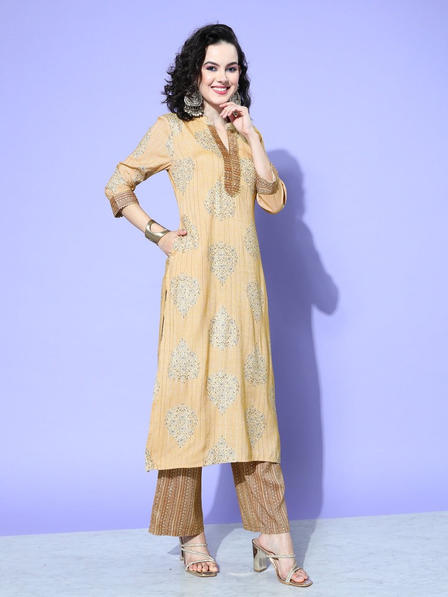 All About You Beige Floral Printed Regular Gotta Patti Liva Kurta With Palazzos | Grocsy