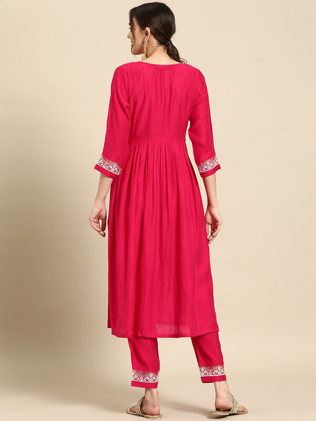 Sangria Ethnic Motifs Embroidered High Slit Thread Work Kurta With Trousers | Grocsy