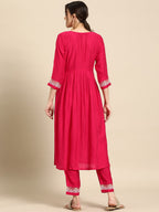Sangria Ethnic Motifs Embroidered High Slit Thread Work Kurta With Trousers | Grocsy