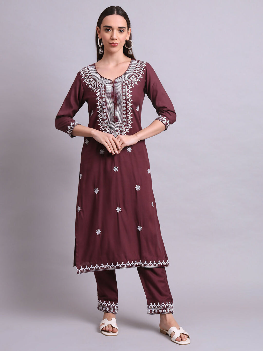 Joban Fashion Brown Cotton & Embroidery Work Kurta With Trousers & Dupatta Set | Grocsy