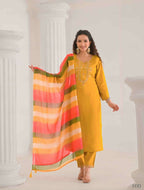 Ethnic Festive Wear Viscose Chanderi Yellow Stitched Suit With Dupatta - Tanisha | Grocsy