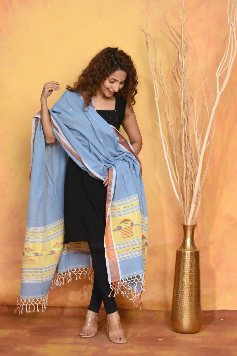 Very Much Indian Handloom Pure Cotton Paithani Dupatta - Powder Blue | Grocsy