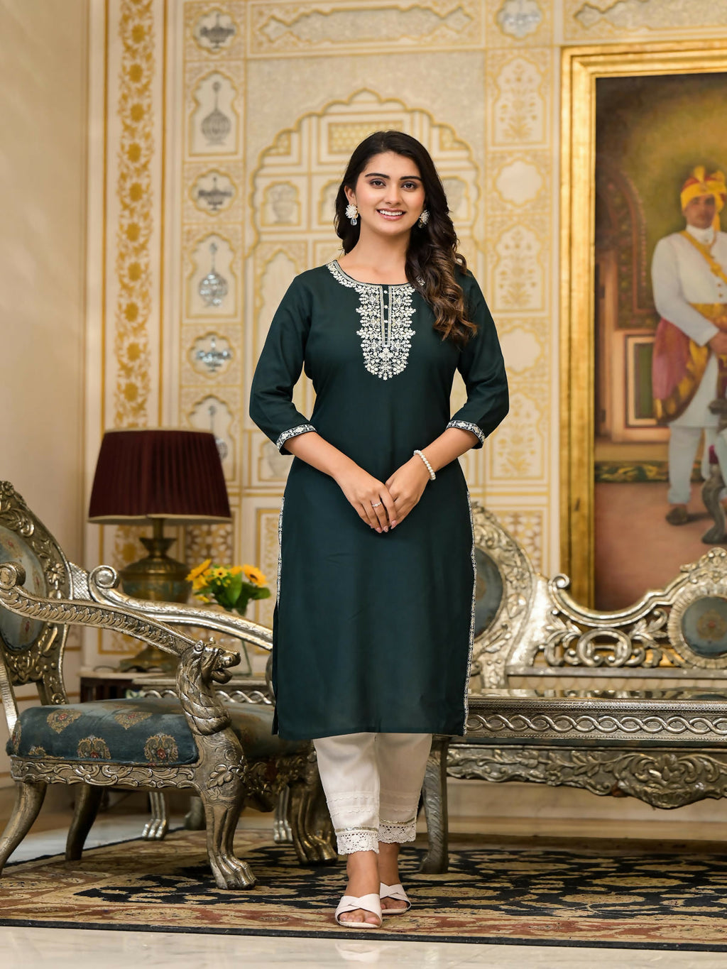 Juniper Women's Sea Green Ethnic Motif Printed Santoon Dress With Sequins & Thread Work | Grocsy
