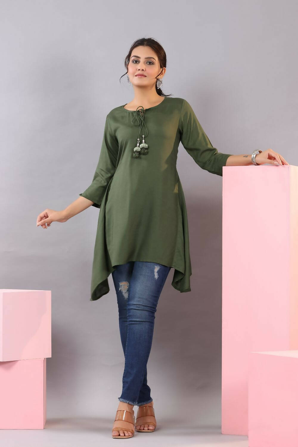 Juniper Women Olive Rayon Solid Asymmetric Kurta | Grocsy