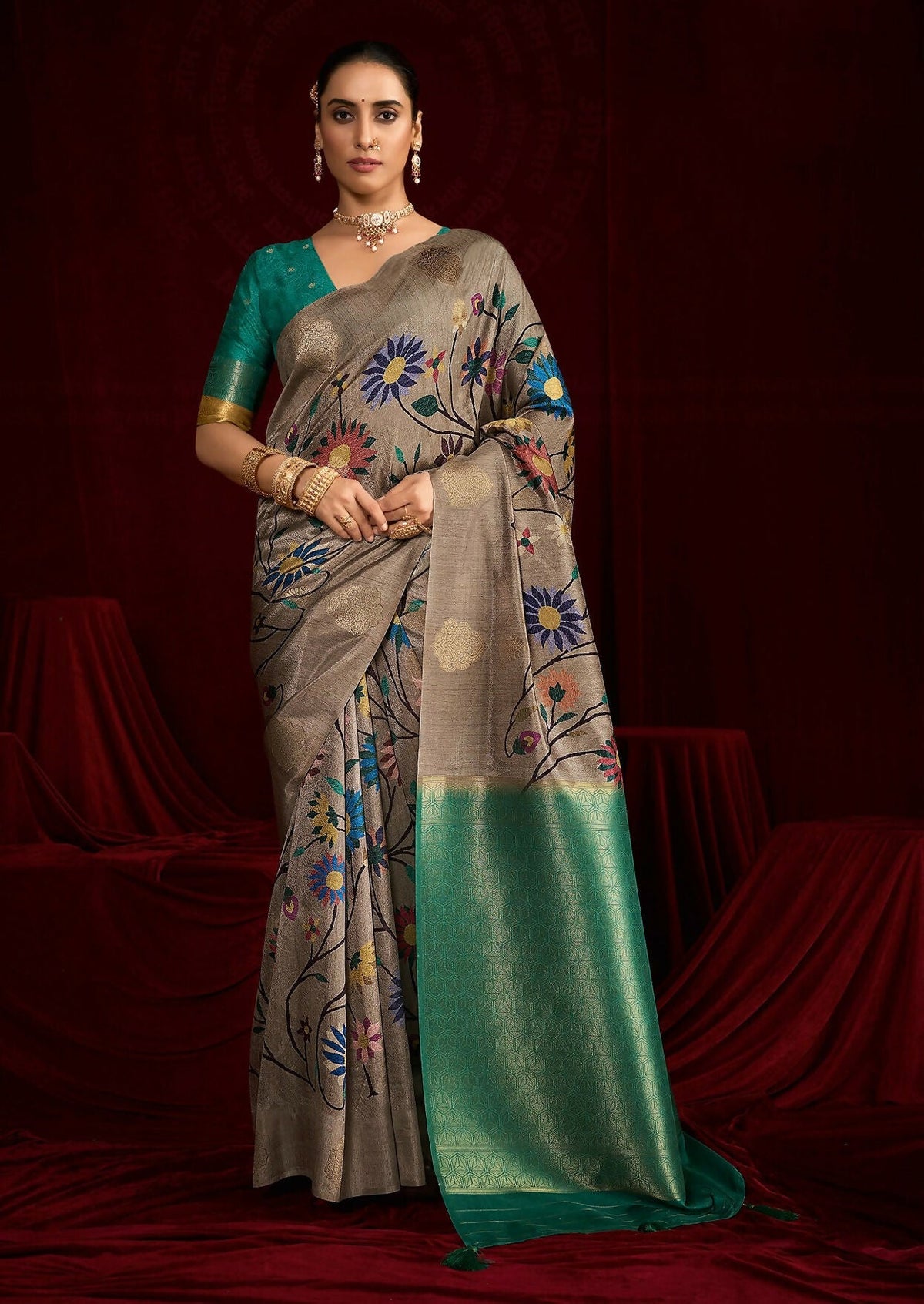 Joban Fashion Greensoft Silk Weaving Fabric With Digital Jamdani Print With Jacquard Rich Pallu & Blouse With Spring Tassels | Grocsy