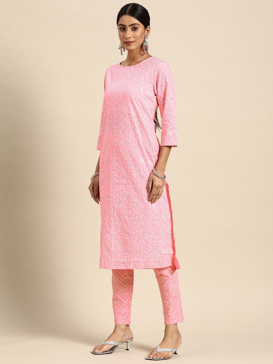 All About You Women Pink Ethnic Motifs Printed Pure Cotton Kurta with Trousers | Grocsy