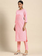 All About You Women Pink Ethnic Motifs Printed Pure Cotton Kurta with Trousers | Grocsy