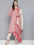 HERE&NOW Women Floral Printed Regular Pure Cotton Kurta with Trousers & With Dupatta | Grocsy