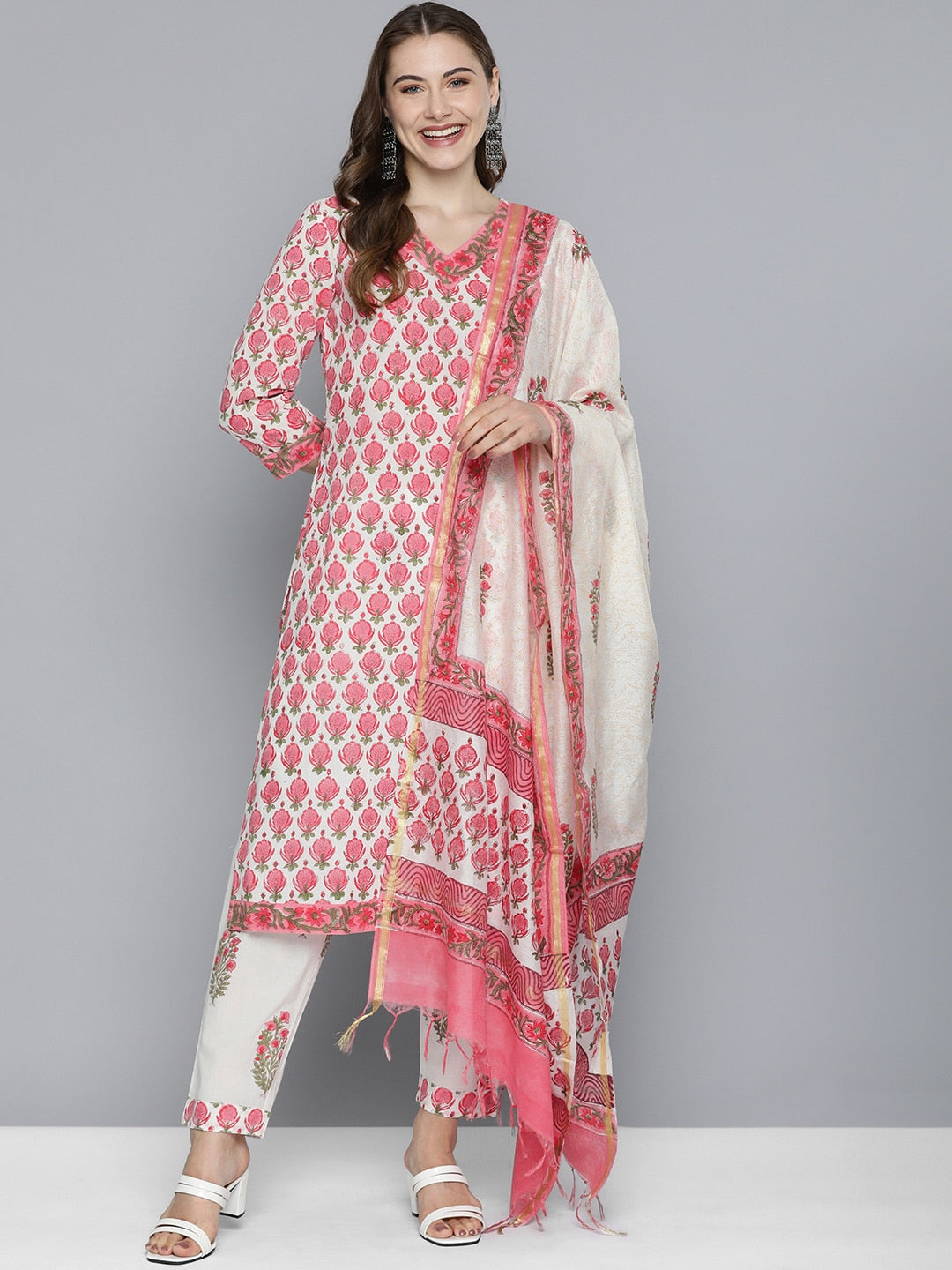 HERE&NOW Women Floral Printed Regular Pure Cotton Kurta with Trousers & With Dupatta | Grocsy
