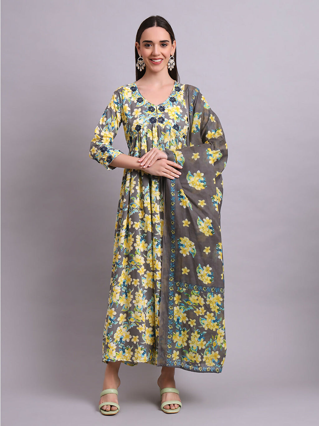 Joban Fashion Yellow Cotton Floral Printed & Embroidery Work Anarkali Dress With Dupatta Set | Grocsy