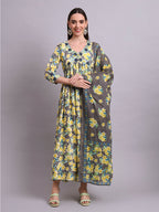 Joban Fashion Yellow Cotton Floral Printed & Embroidery Work Anarkali Dress With Dupatta Set | Grocsy